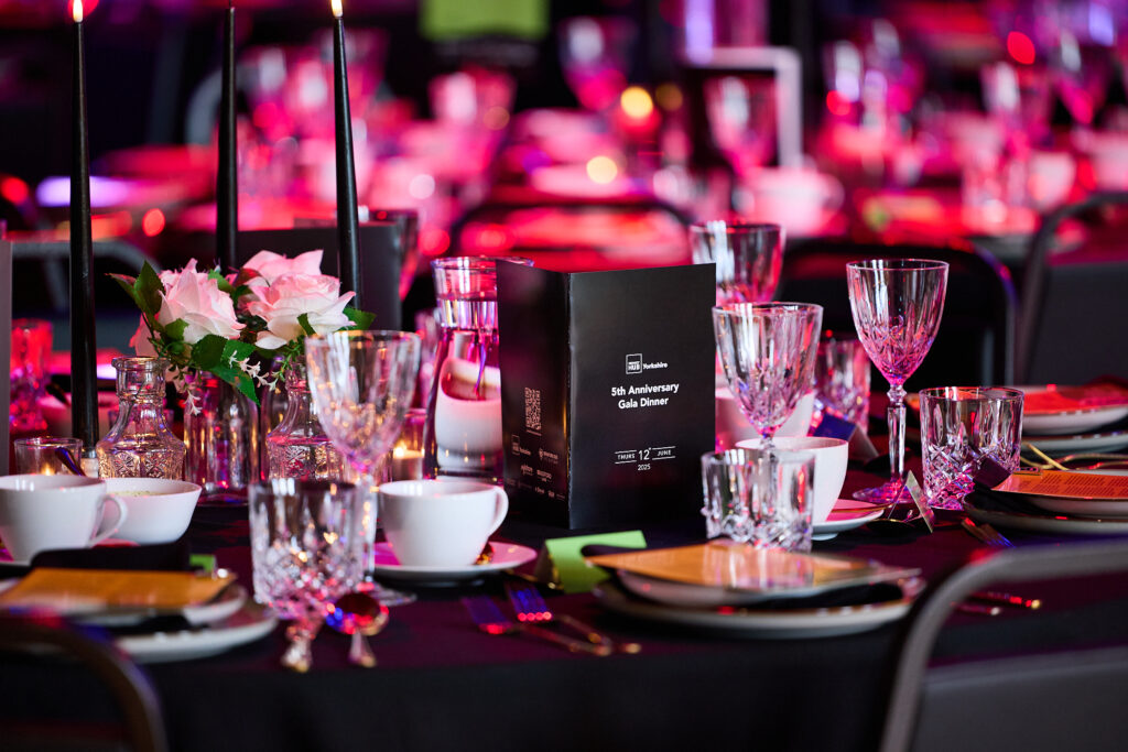 A table set up with plates and glasses