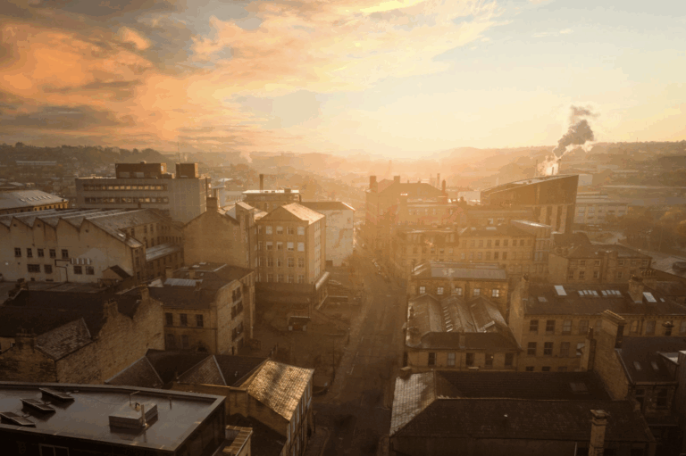 A bird's eye view of Bradford's Little Germany at sunset